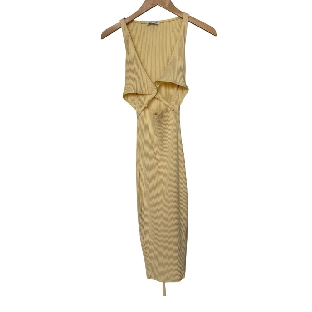 ZARA Women's Yellow Cut Out Knit Midi Dress L Sleeveless Summer Ribbed Casual - Picture 5 of 10
